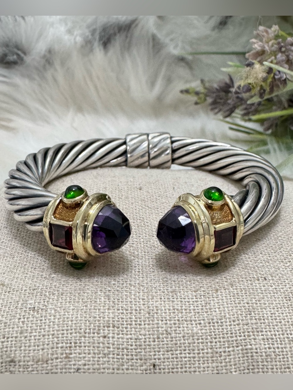 David Yurman 10mm Renaissance Amethyst Pink Tourmaline Emerald Cable Bracelet